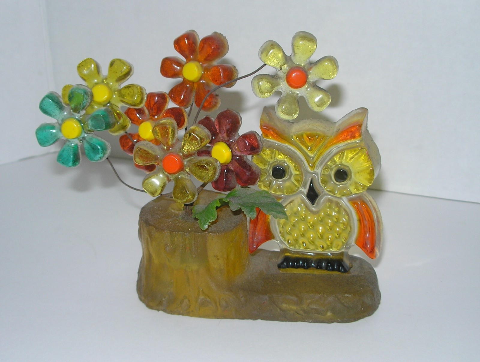 Vintage 70s Lucite Orange & Yellow Owl Flower Sculpture Figurine MCM