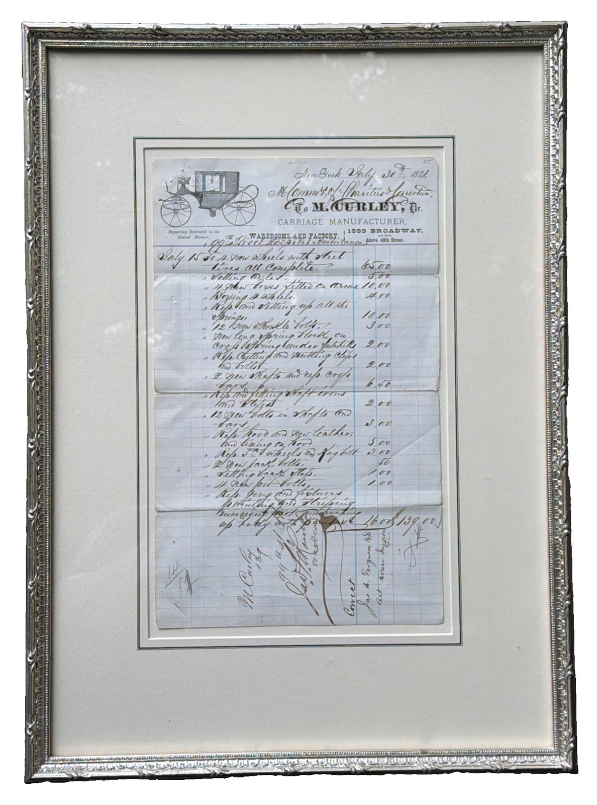 1881 Framed Horse Carriage Manufacture Receipt New York City