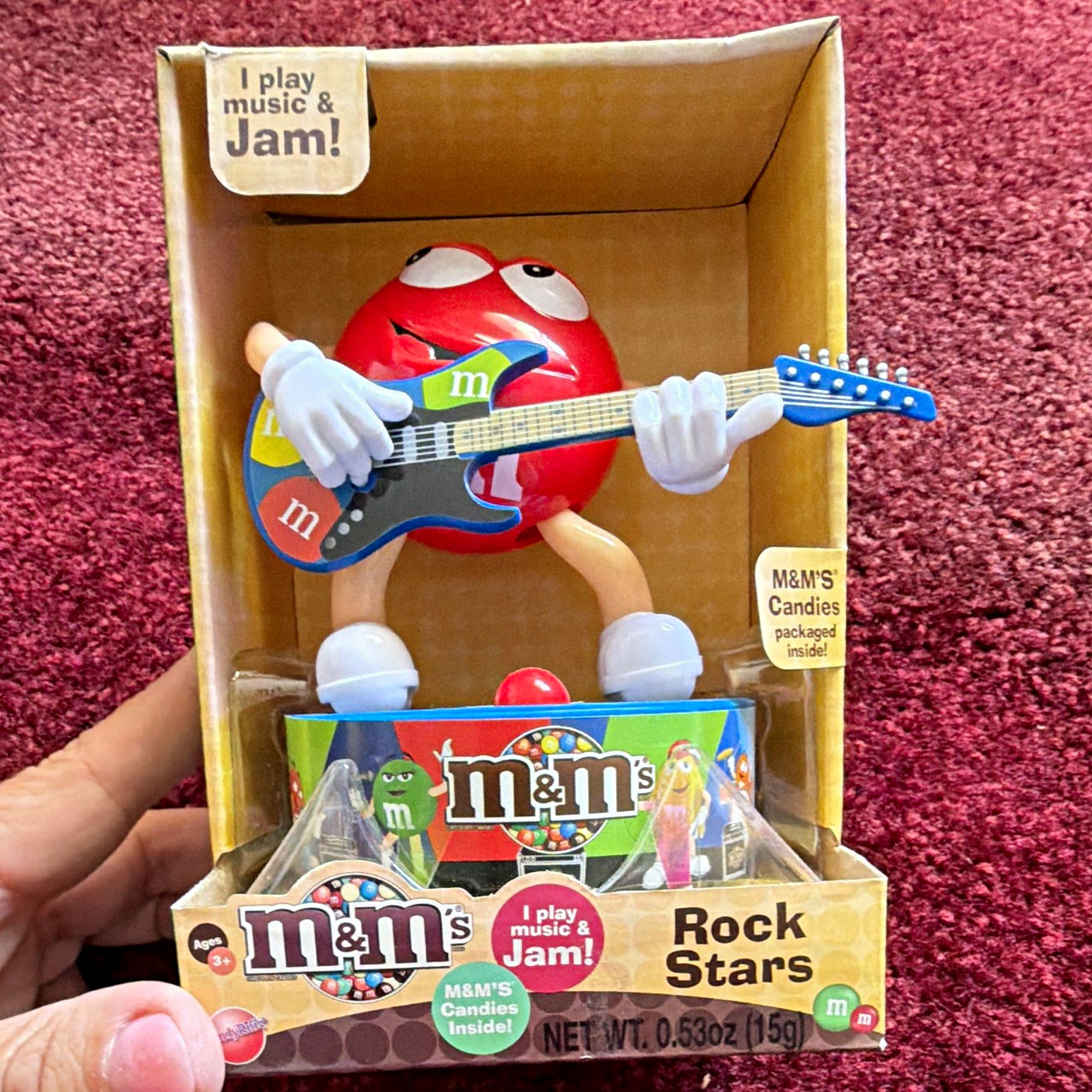 M&M’s Rock Stars Red Character Guitar Display Box w/ Candies “I play & Jam”