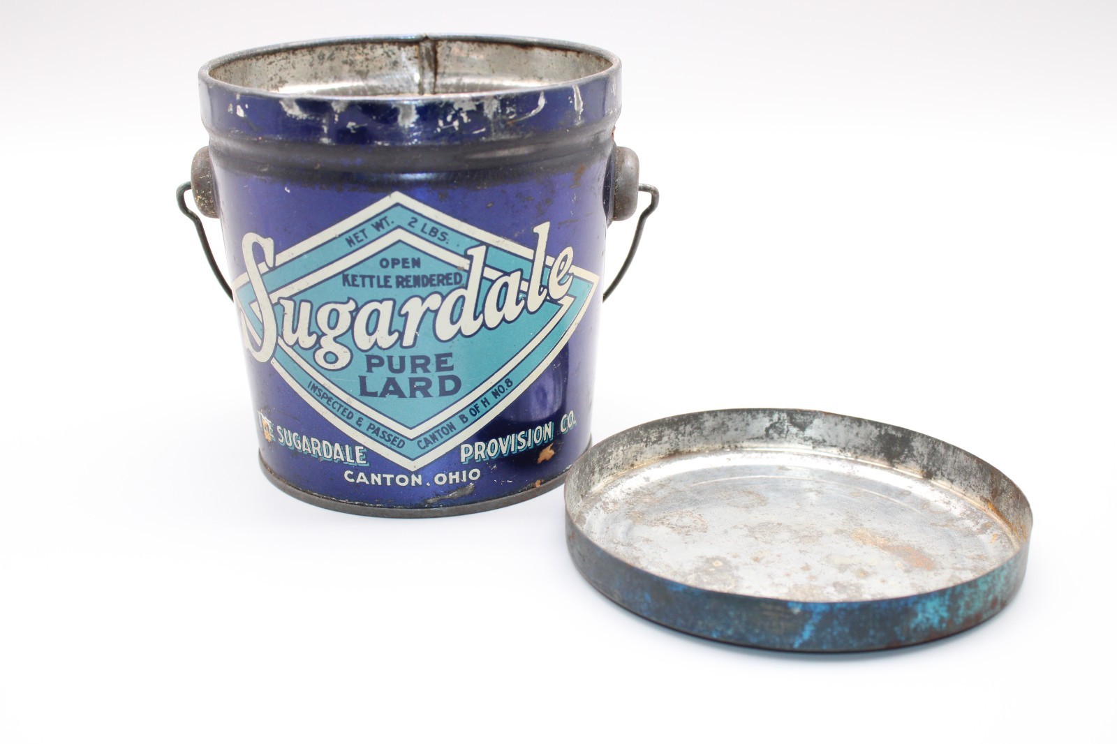 Vintage Sugardale Pure Lard Tin Can 2 lb Blue Diamond Lid Handle Ohio Advertisin