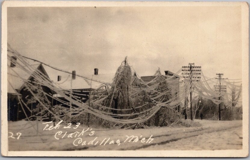 1922 ICE STORM - Cadillac, Michigan RPPC Postcard ICE STORM Scene \