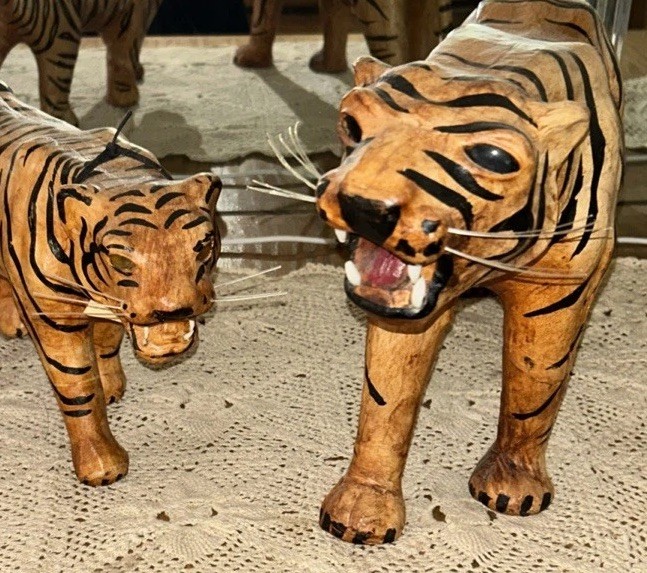 Stunning Vintage Leather Bengal Tiger Sculptures Measuring 16x7 & 18x10 Inches Stunning Vintage Leather Bengal Tiger Sculptures Measuring 16x7 & 18x10 Inches