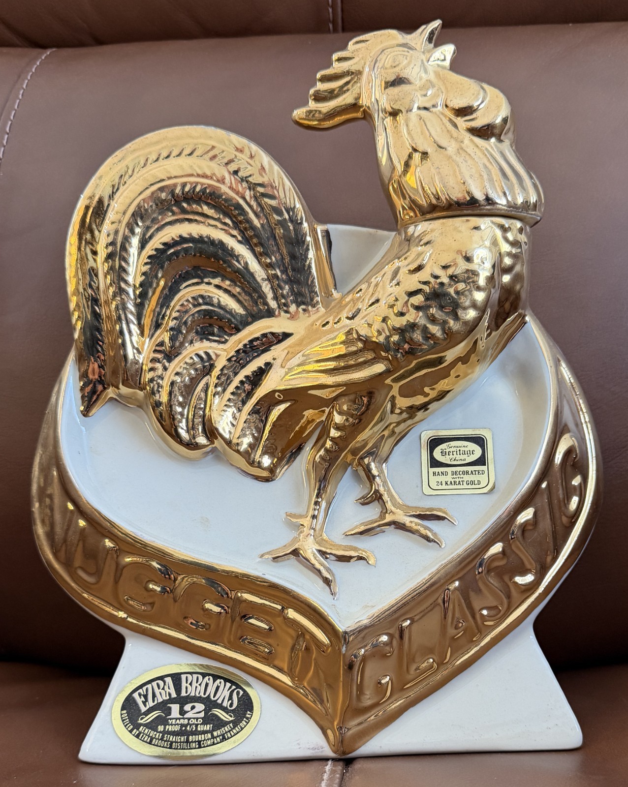 VINTAGE 1970 EZRA BROOKS JOHN ASCUAGA'S 24 K GOLD ROOSTER DECANTER