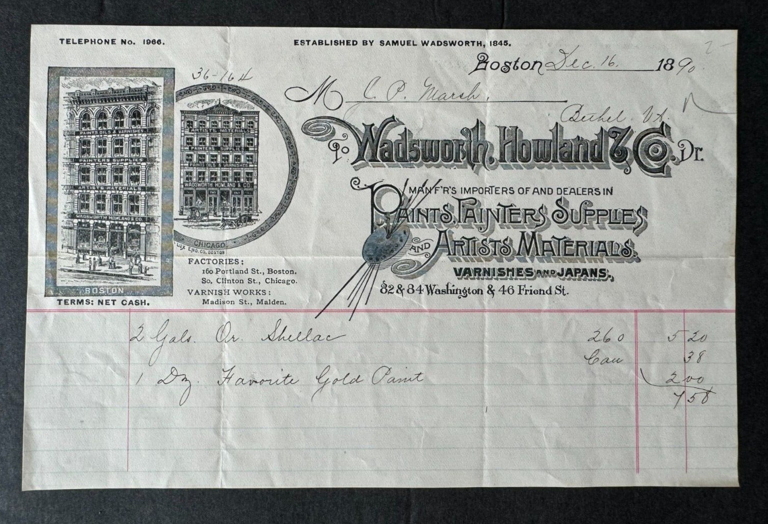Vintage 1890 Billhead Boston MA Wadsworth Howland & Co Paints Artists Materials