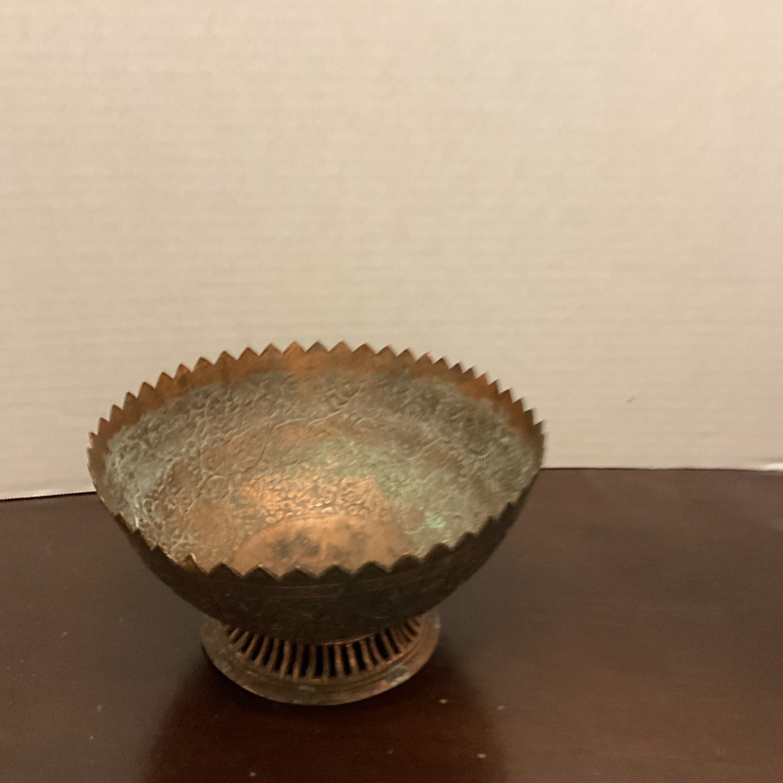 Vintage Etched Brass Pedestal Bowl 6” Scalloped Rim India