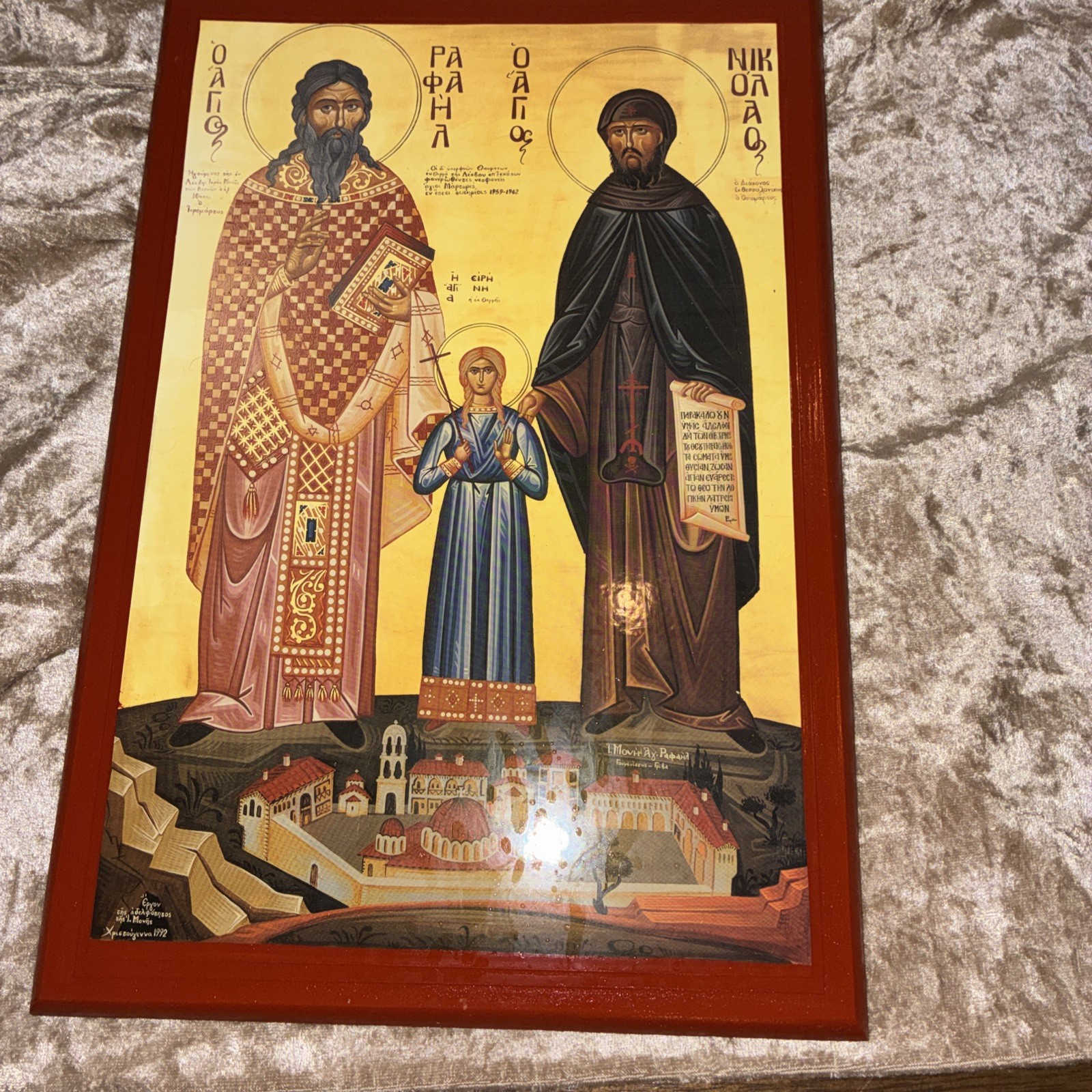 Vtg 1989 Greek Orthodox icon Martyrs handmade painting print On Wood