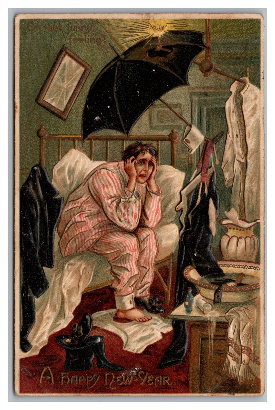 Postcard New Year A Happy New Year Hungover Man Messy Bedroom c1912 L24 Postcard New Year A Happy New Year Hungover Man Messy Bedroom c1912 L24