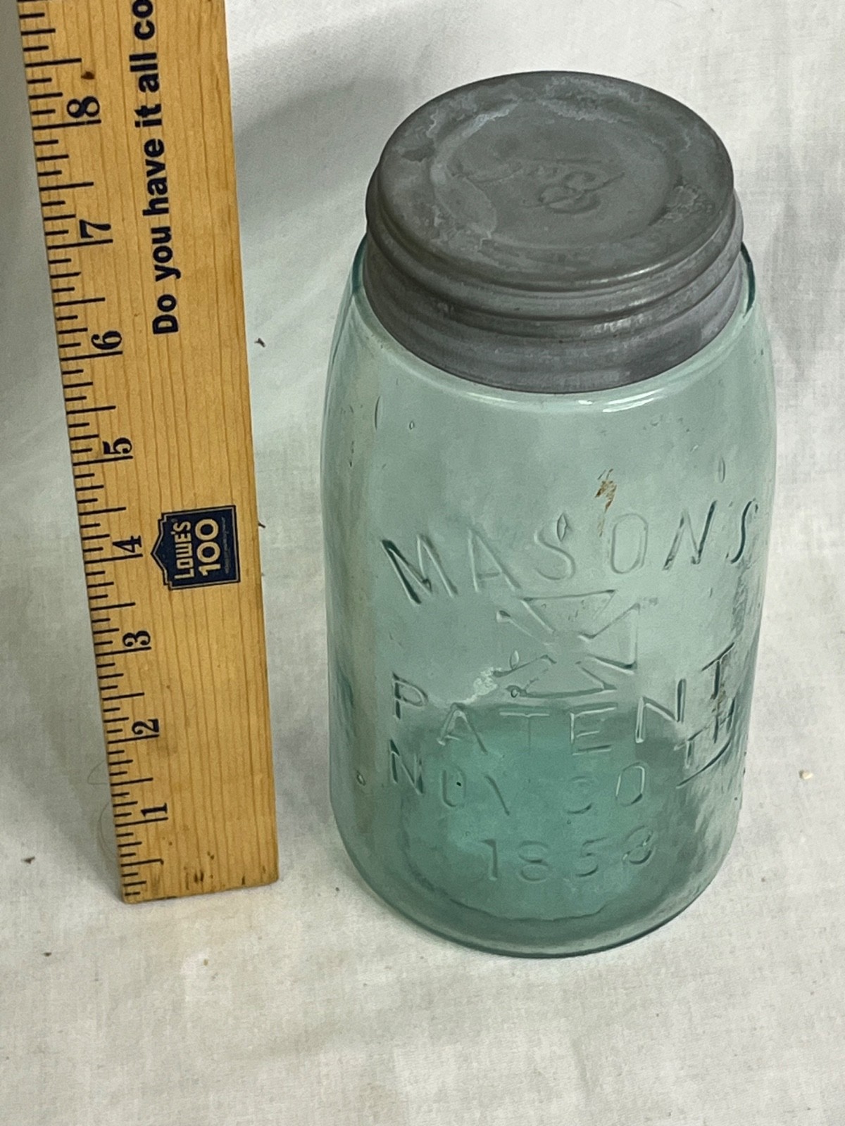 Antique Aqua Mason's Patent Nov 30 1858 Quart Jar Maltese Hero Cross Zinc Lid