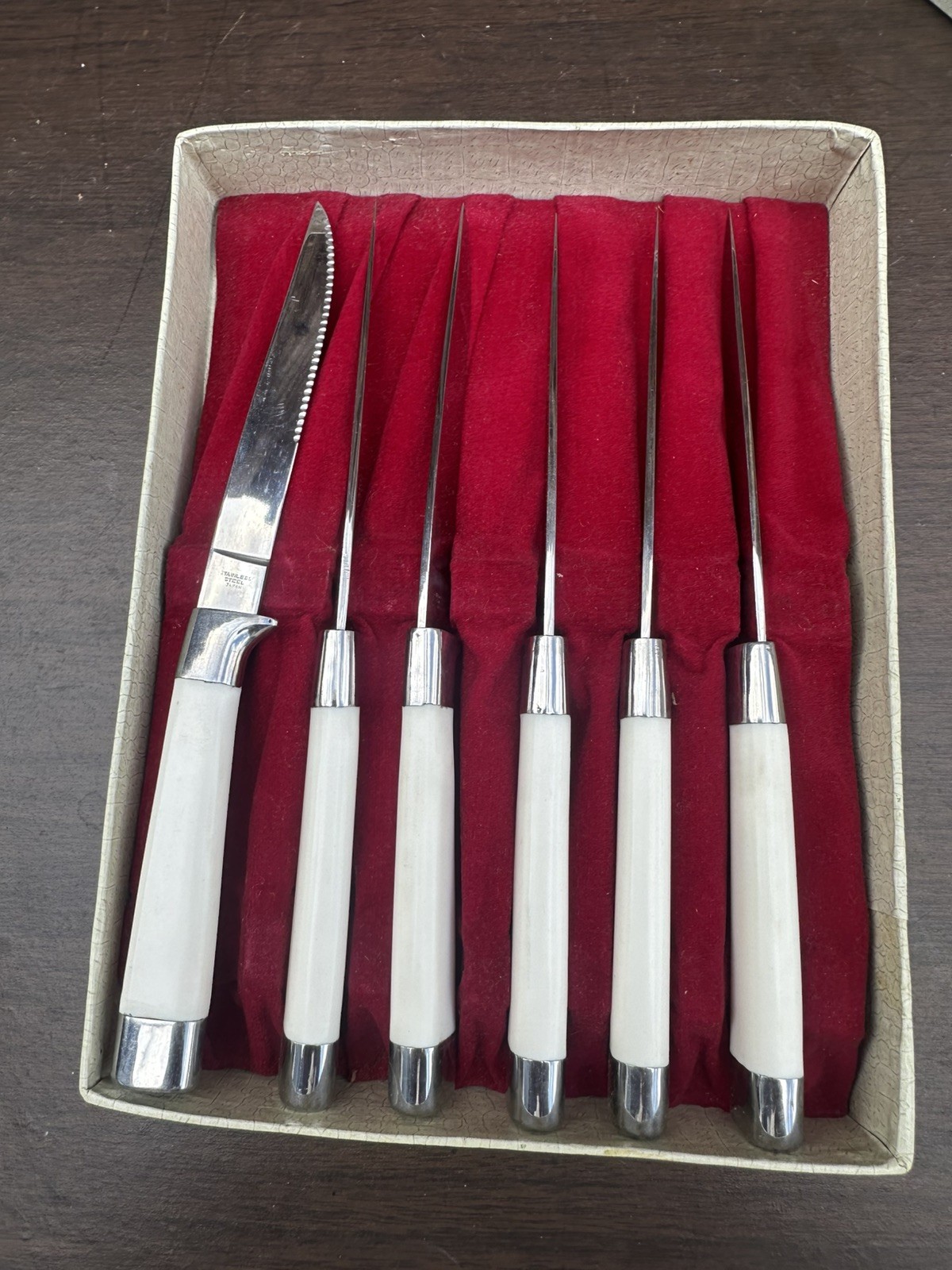 6 Japanese Stainless Steel Stk Knives. Velvet Lined Box. Decades Old
