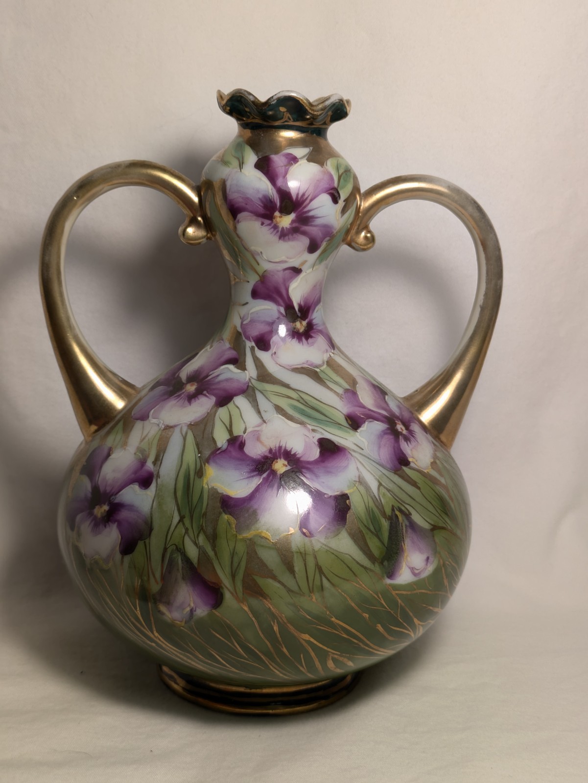 Nippon Floral 2 Handled Vase Purple Green Leaves Grass Gold Affordable Nippon Floral 2 Handled Vase Purple Green Leaves Grass Gold Affordable