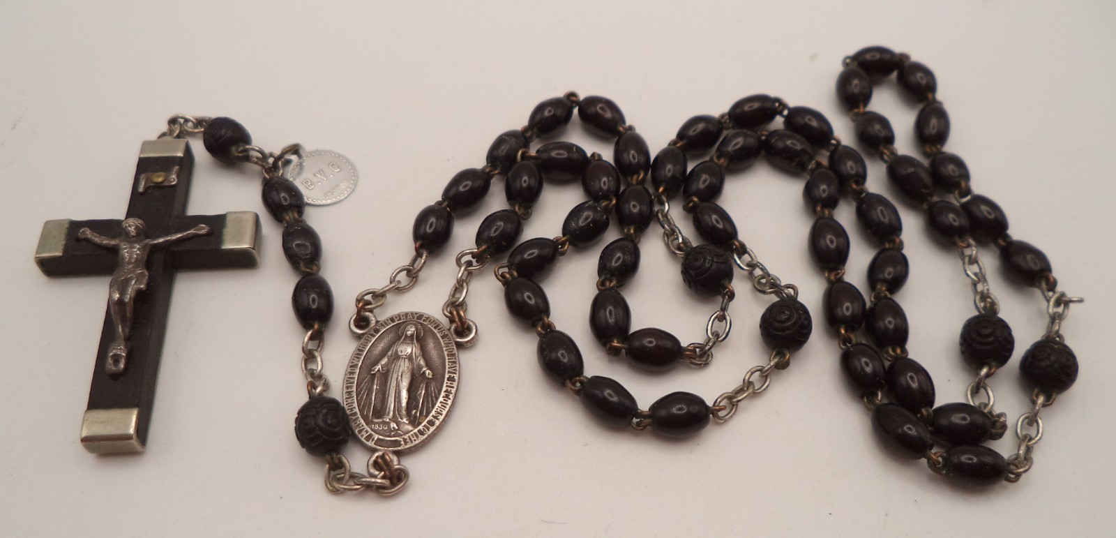 Vintage French Ebony Crucifix Rosary Molded Black Ave Beads Carved Rosettes BVC Vintage French Ebony Crucifix Rosary Molded Black Ave Beads Carved Rosettes BVC