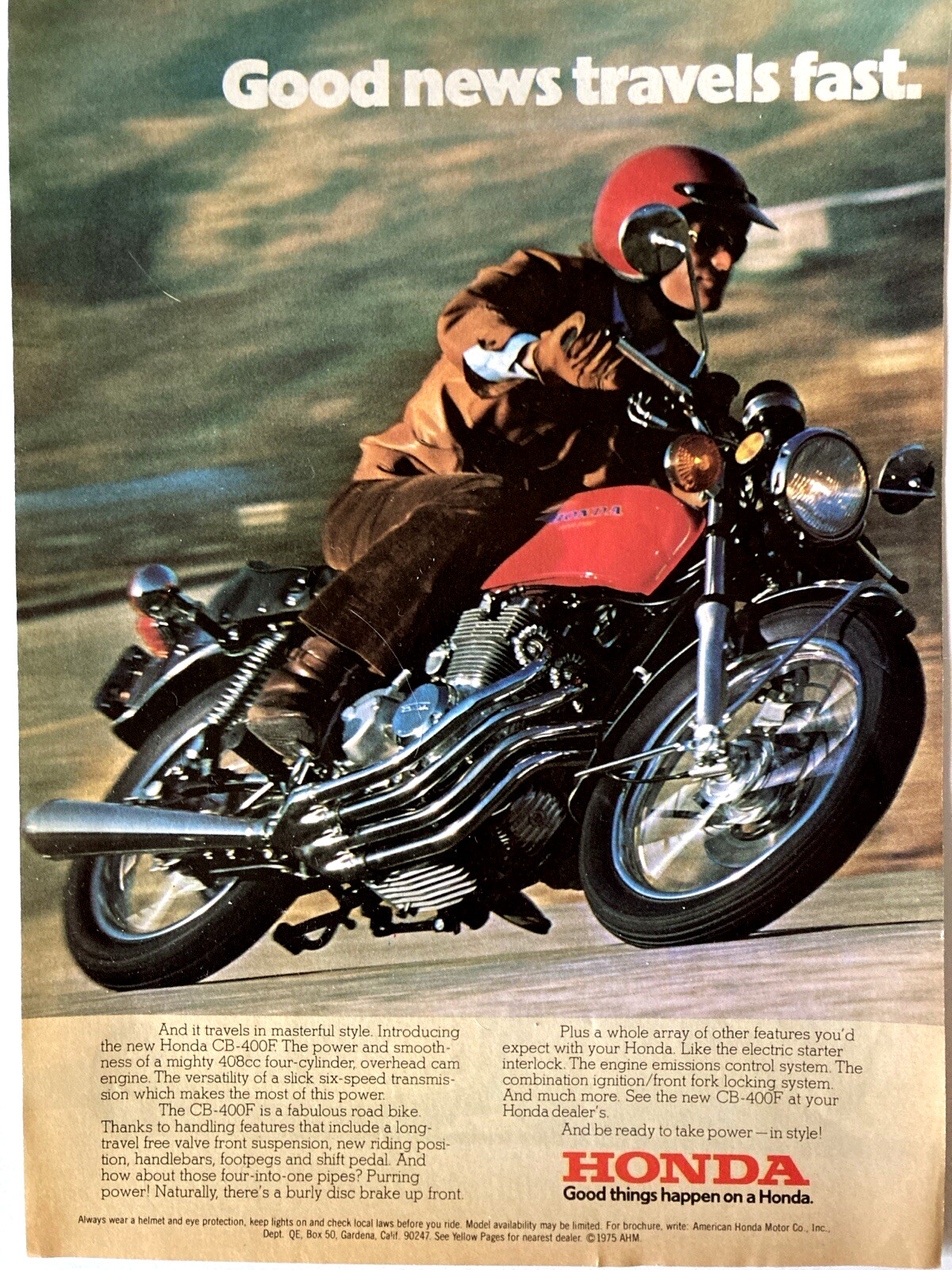 1975 Honda CB-400F Motorcycle Print Ad 1975 Honda CB-400F Motorcycle Print Ad
