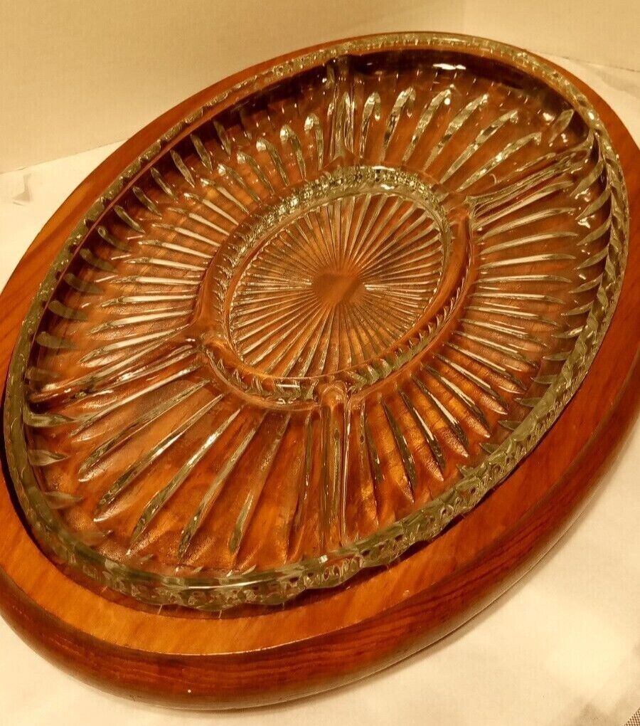 Vintage Five Section Glass Serving Dish With Wooden Base