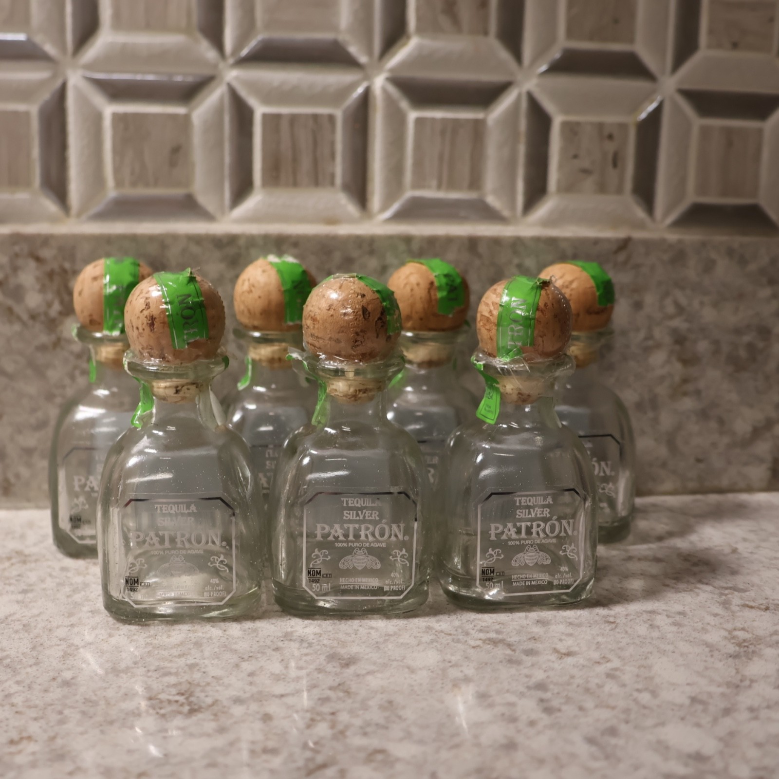 7 PATRON SILVER TEQUILA 50ml Mini Liquor Bottle Empty Glass Cork Top 4 inches 7 PATRON SILVER TEQUILA 50ml Mini Liquor Bottle Empty Glass Cork Top 4 inches