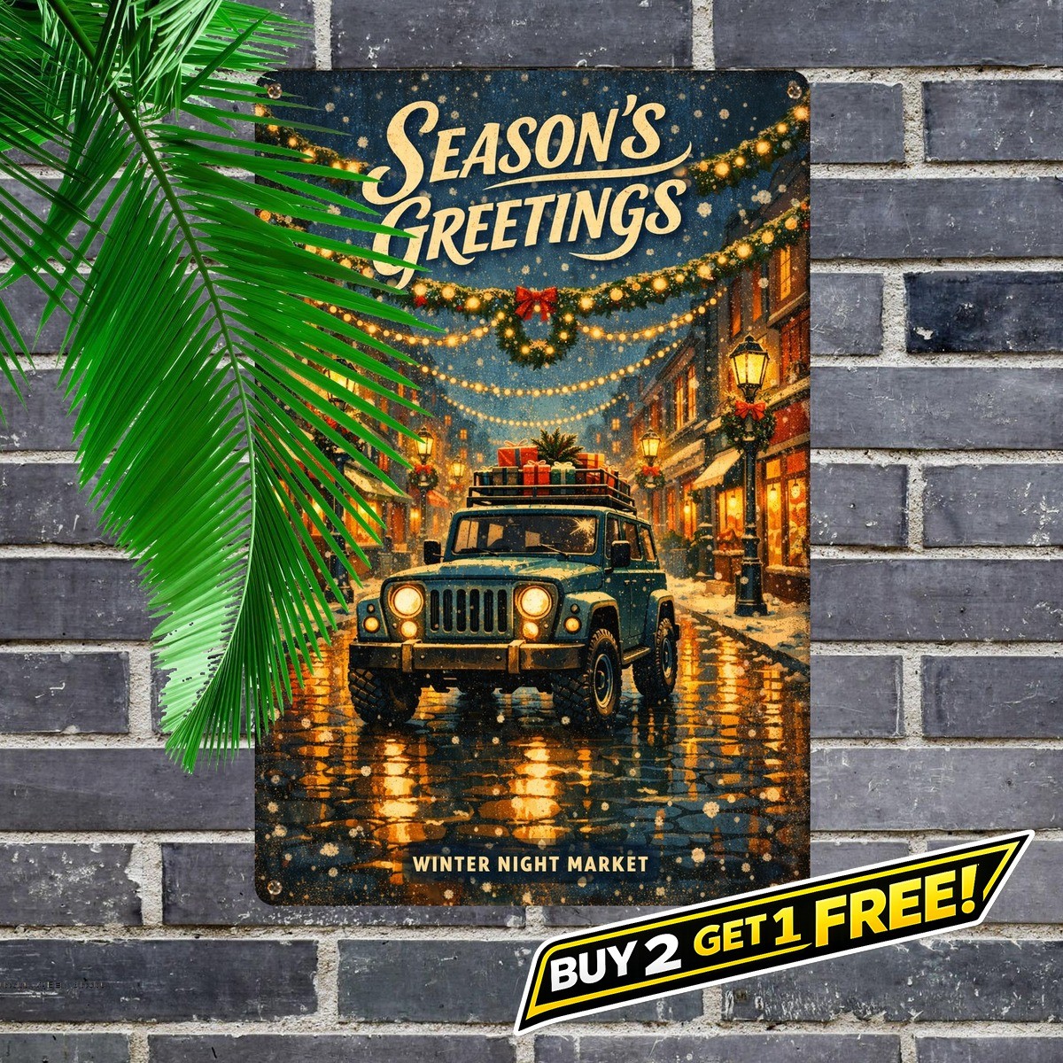 Off Road 4x4 Christmas Metal Sign Retro Winter Holiday Vehicle Wall Art