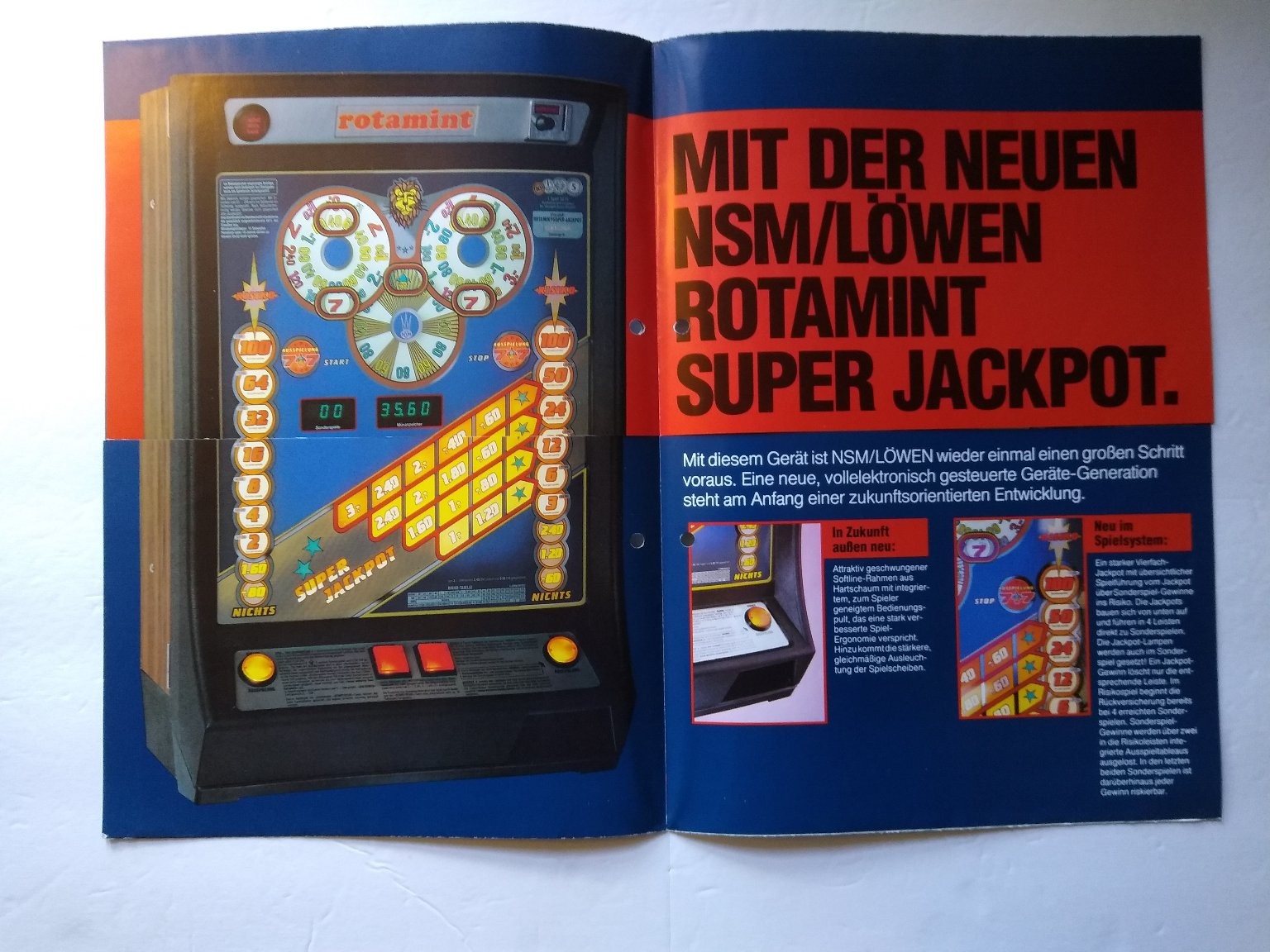 NSM Löwen Rotamint Super Jackpot Slot Machine Brochure 1980s German Gaming Ad NSM Löwen Rotamint Super Jackpot Slot Machine Brochure 1980s German Gaming Ad