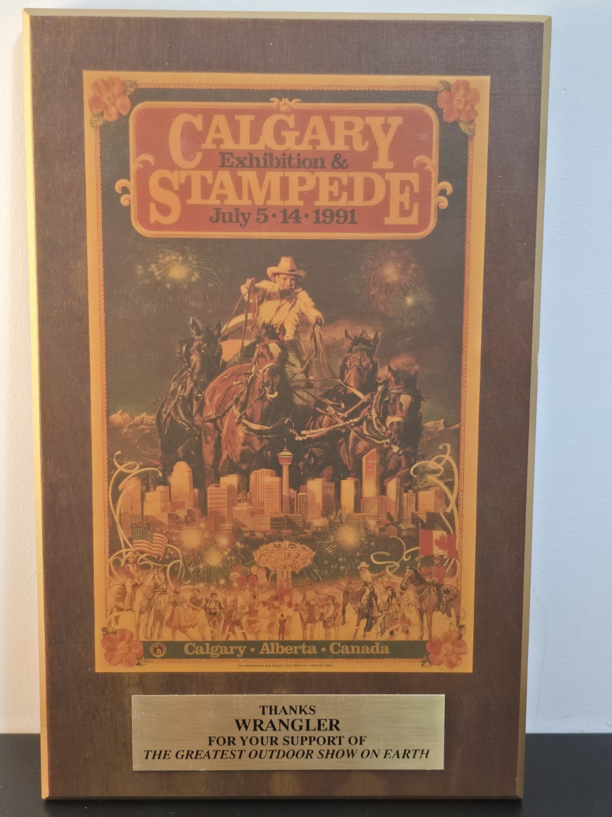 Vintage 1991 Calgary Stampede Corporate Sponsor Plaque Cherrywood Finish Brass
