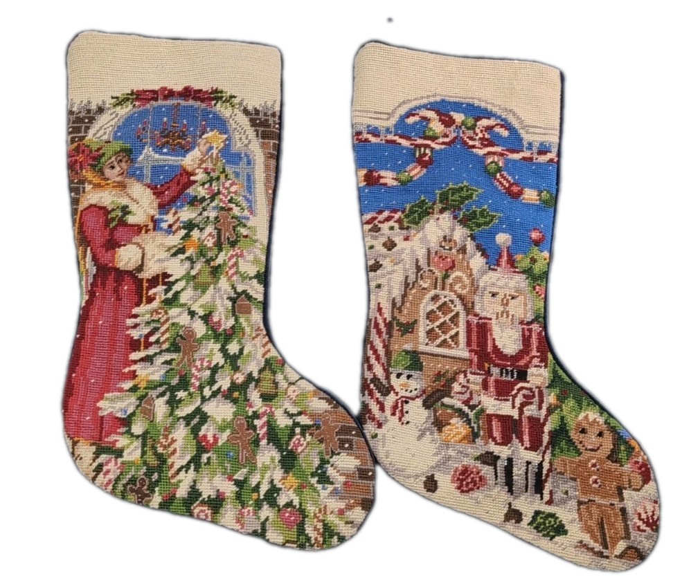 2 Sferra Needlepoint Christmas Stockings Tree Victorian Lady Mom & Nutcracker 