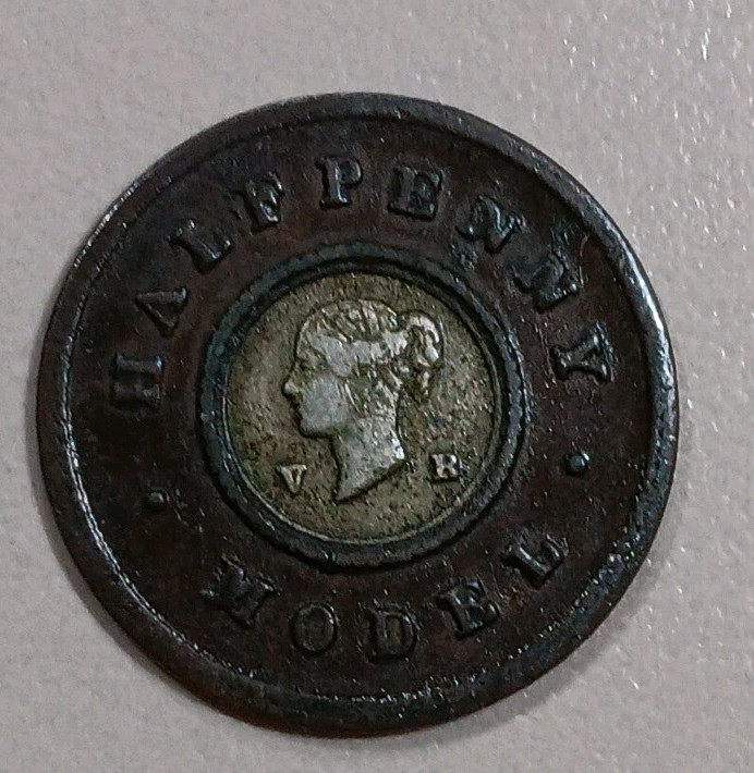 ND 1844 BRITAIN- Victoria 1/2 (Half) Penny Model ‘Pattern’Bimetal Coin