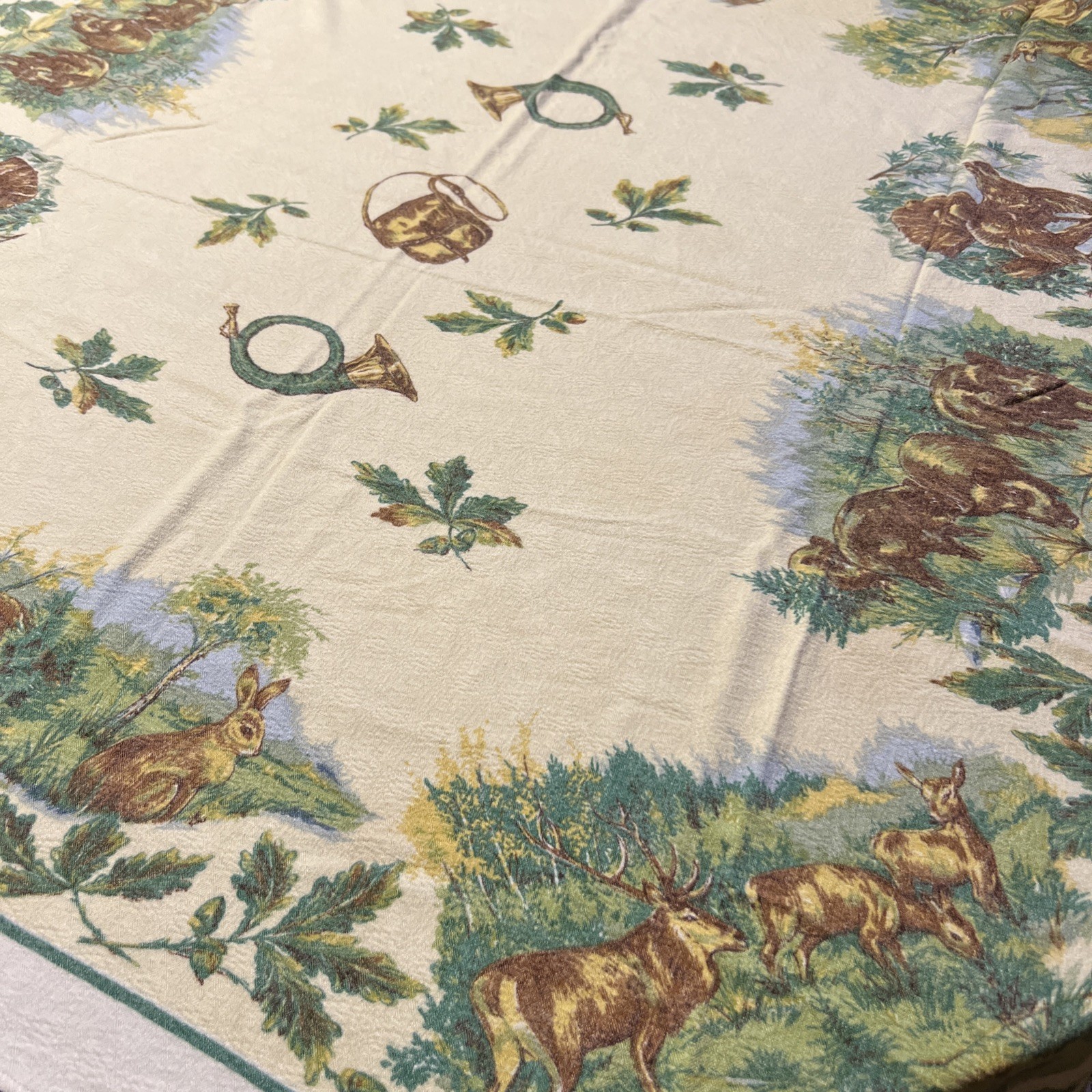 VTG Luxury Jacquard Tablecloth 43” Deer Boar Fox Pheasant English Country Estate
