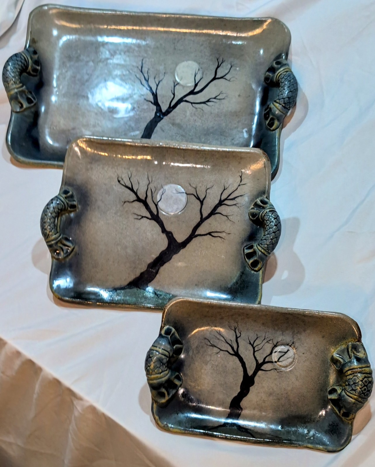 3 Vintage ARTISAN CRAFTED EERY Full Moon Glazed Pottery Platters Trays 3 Vintage ARTISAN CRAFTED EERY Full Moon Glazed Pottery Platters Trays