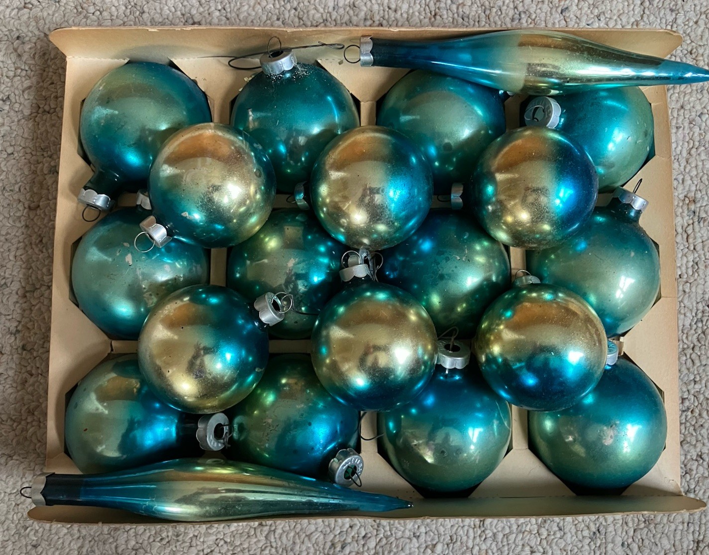 Vintage Coby Ombre Blue/Aqua Mercury Glass Ornaments Asst. Sizes