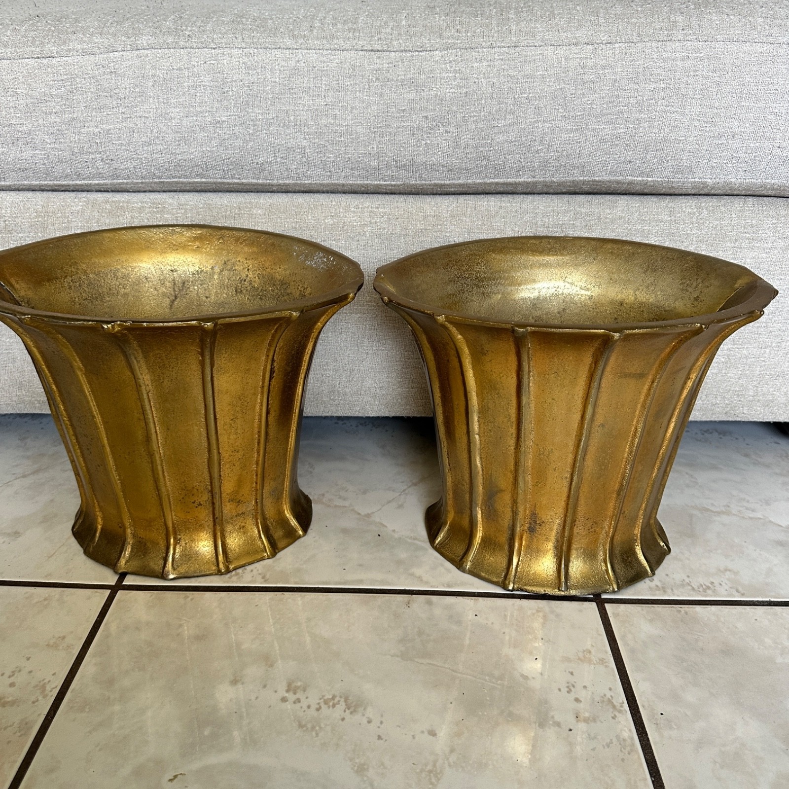 Pair Vintage Heavy Metal Gold Fluted Planters 10x13 Pair Vintage Heavy Metal Gold Fluted Planters 10x13