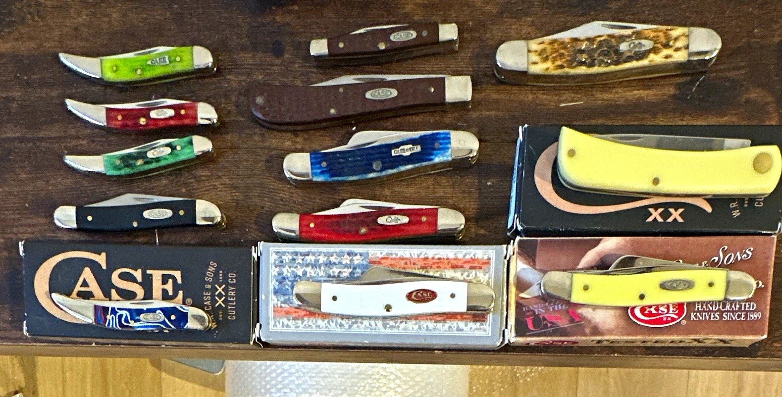Case XX Mixed Lot Slipjoint knives w/ Boxes, Bone/Synthetic, 2-3 Blade 13 total