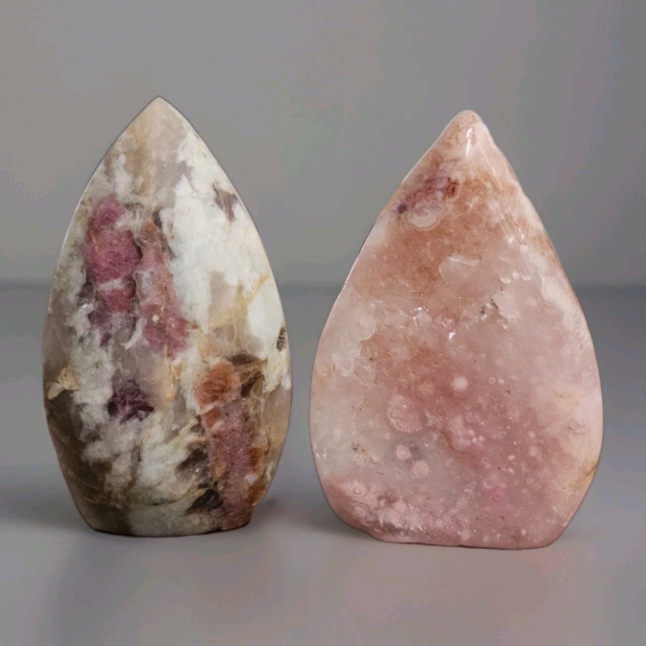 2 Polished Pink Tourmaline & Pink Flower Agate Teardrop Freeform Ornaments - USA