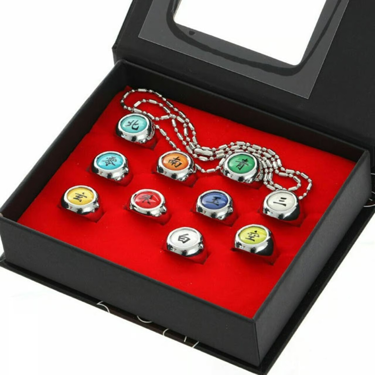 Naruto Akatsuki 10 Ring Set Anime Cosplay Rings with Display Box Chain