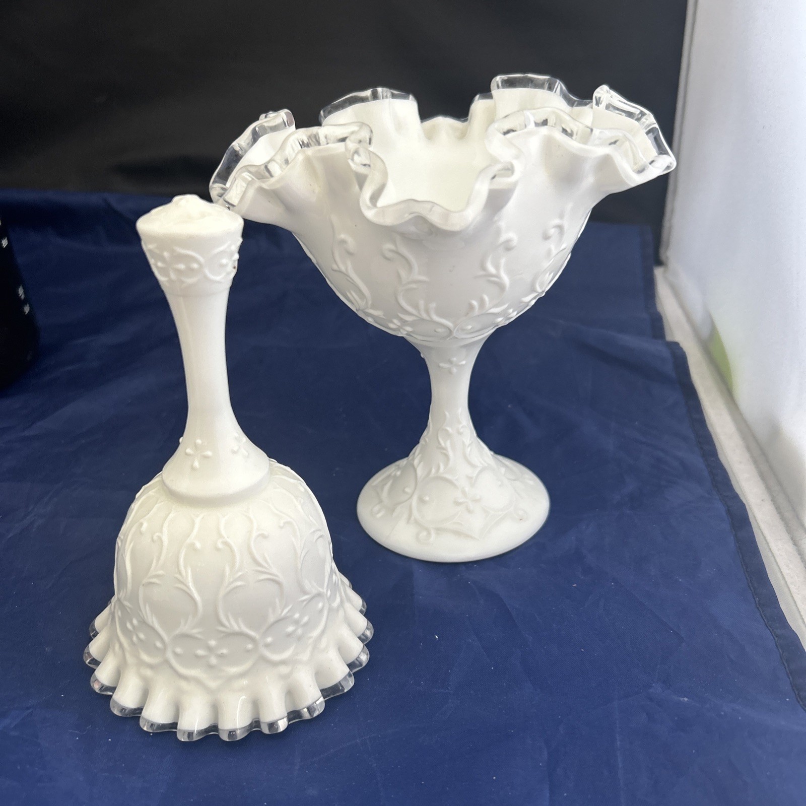 Fenton Silver Crest Spanish Lace White Milk Glass Compote Candy Dish And Bell