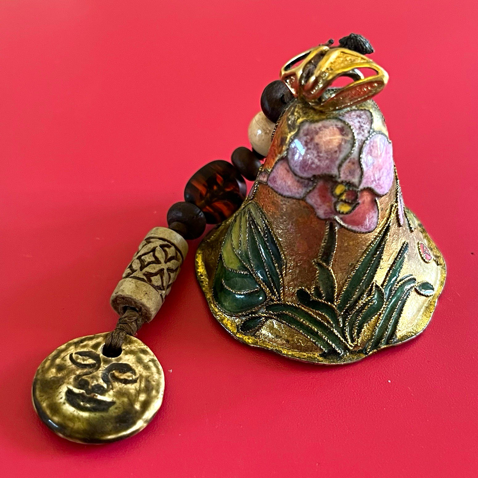 Beautiful Vintage Cloisonné Hand Painted Floral Bell w/ Beaded String No Clapper