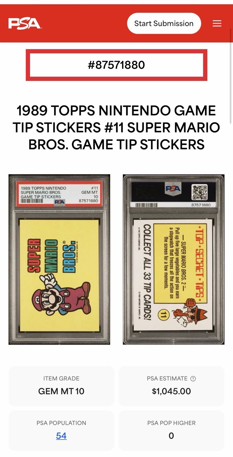 SUPER MARIO BROS. PSA 10 #11 1989 Topps Nintendo Game Tip Stickers GEM MINT