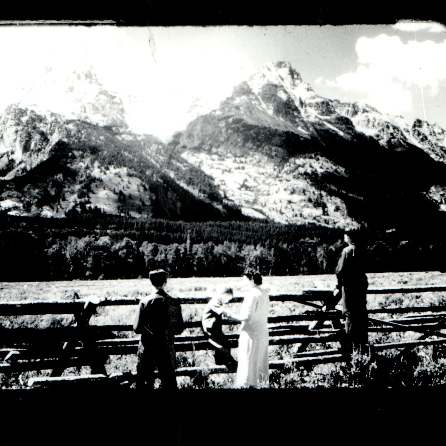 c1920s Grand Teton WY Mountain Buck Rail Fence Snapshot Photo Tourists Landscape c1920s Grand Teton WY Mountain Buck Rail Fence Snapshot Photo Tourists Landscape