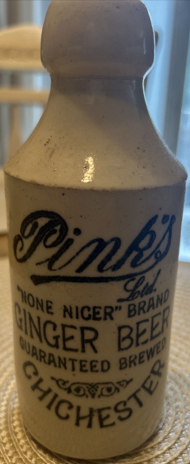1890\'S ANTIQUE GINGER STONEWARE BEER BOTTLE- PINKS LTD BRAND-CHICHESTER