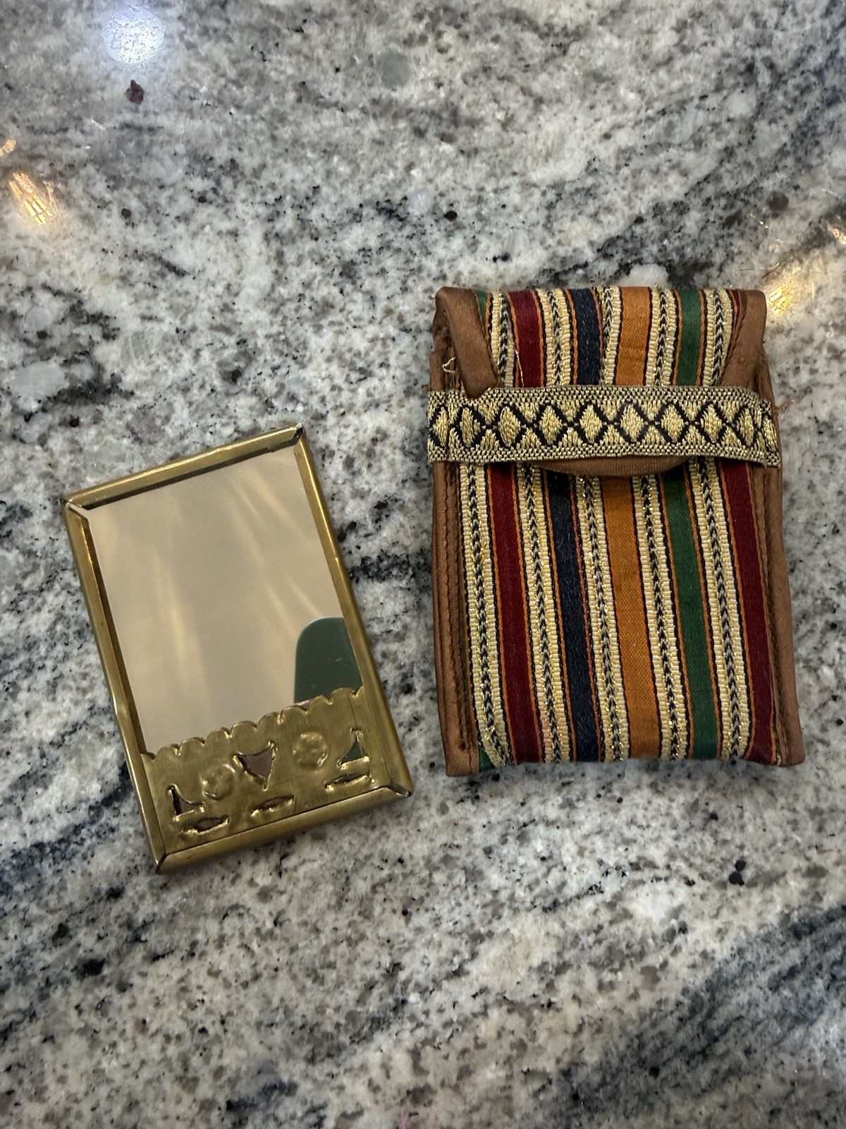 Brass Rectangular Hand Mirror 3 x 2 in with Striped Fabric Pouch