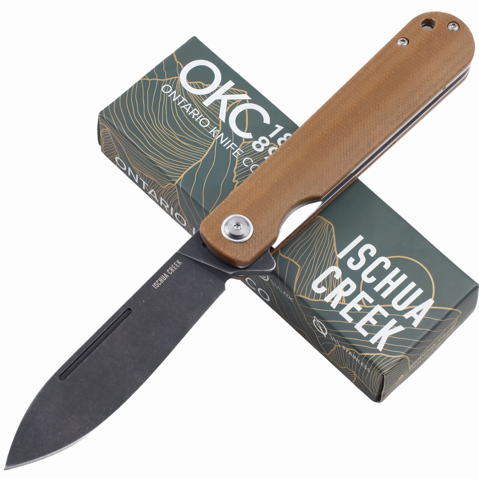 Ontario Ischua Creek Linerlock Folding Pocket Knife Brown Canvas Micarta ON9001