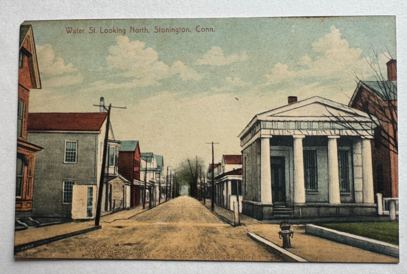 ca 1900s CT Postcard Stonington Connecticut Water Street looking North bank bldg