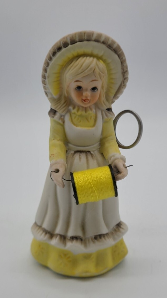 Vintage Hand Painted Bisque Seamstress Caddy Pin Cushion Girl Figurine