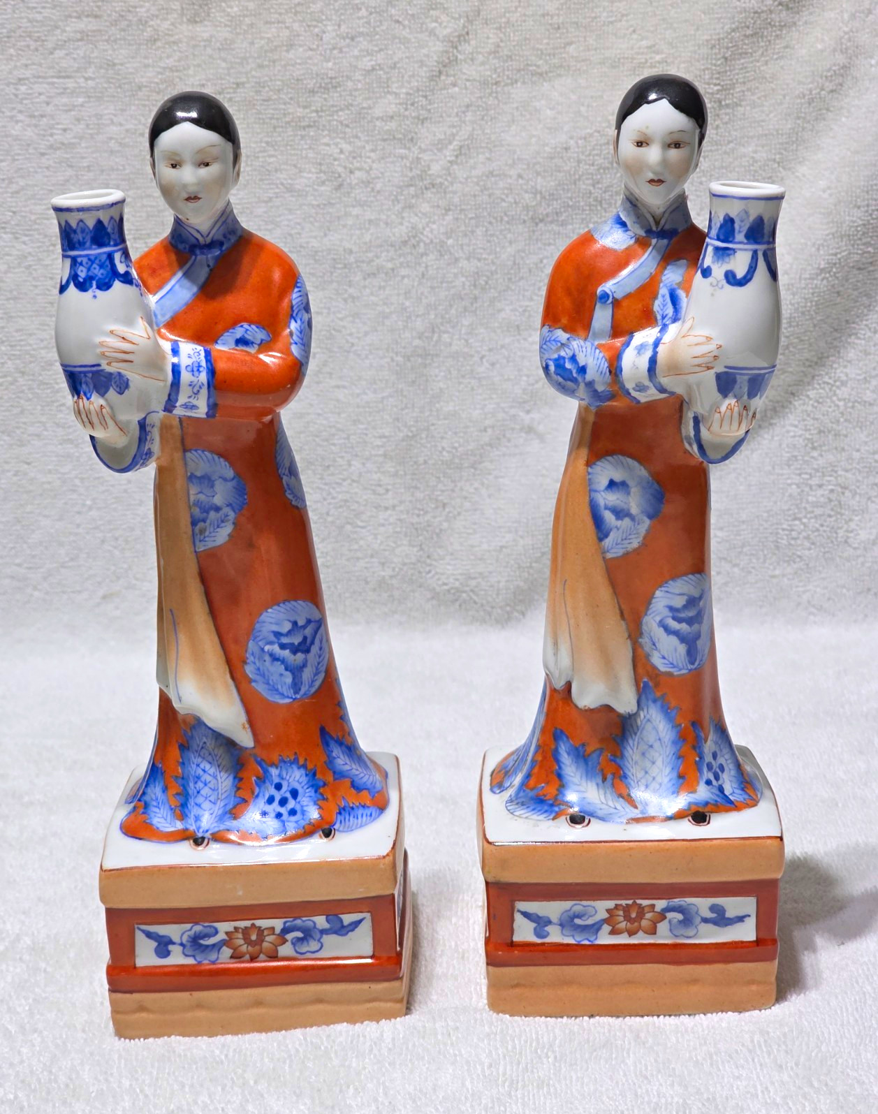 Vintage Andrea by Sadek Chinese Porcelain Figurines Pair Ladies with Vases