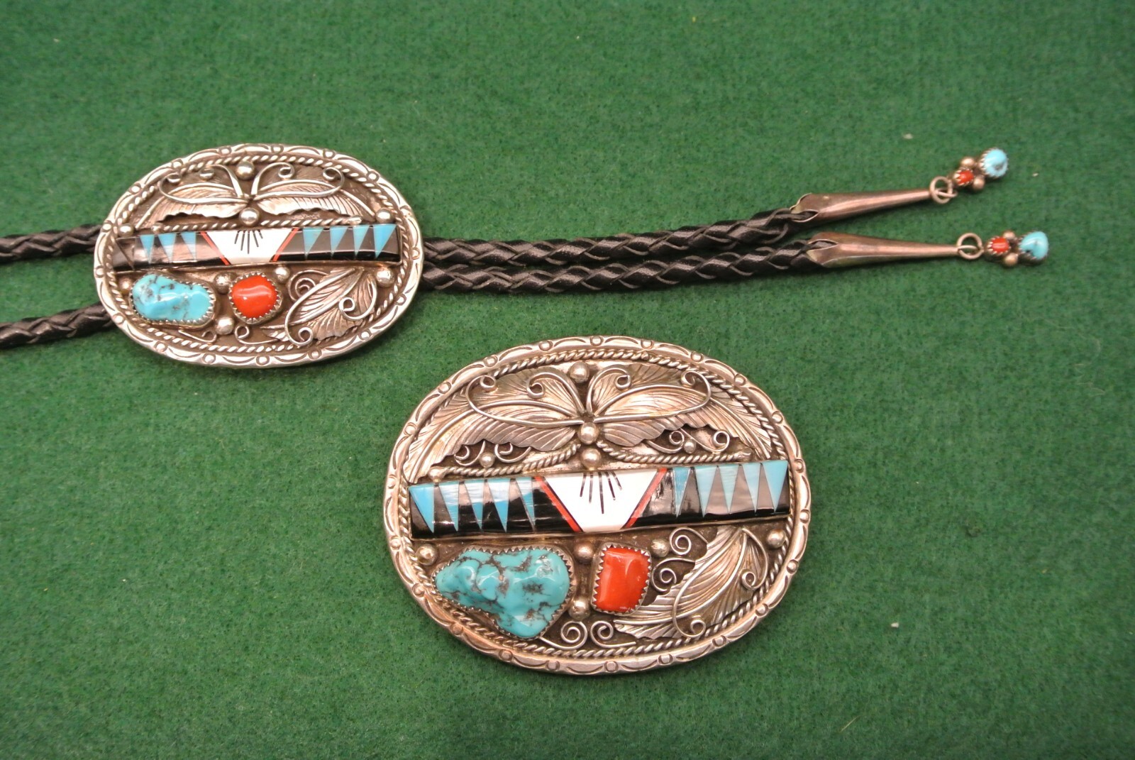 Vintage Navajo Sterling Silver Turquoise and Coral & Inlay Buckle/Bolo Set Vintage Navajo Sterling Silver Turquoise and Coral & Inlay Buckle/Bolo Set