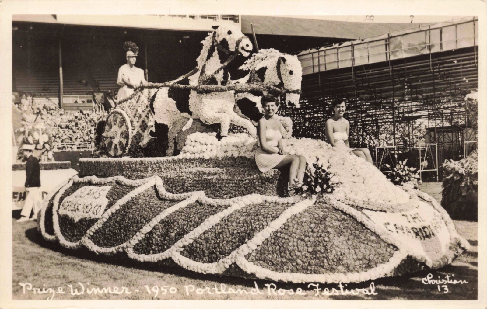RPPC Chariot Horses Flowers 1950 Portland OR Rose Festival Parade Postcard
