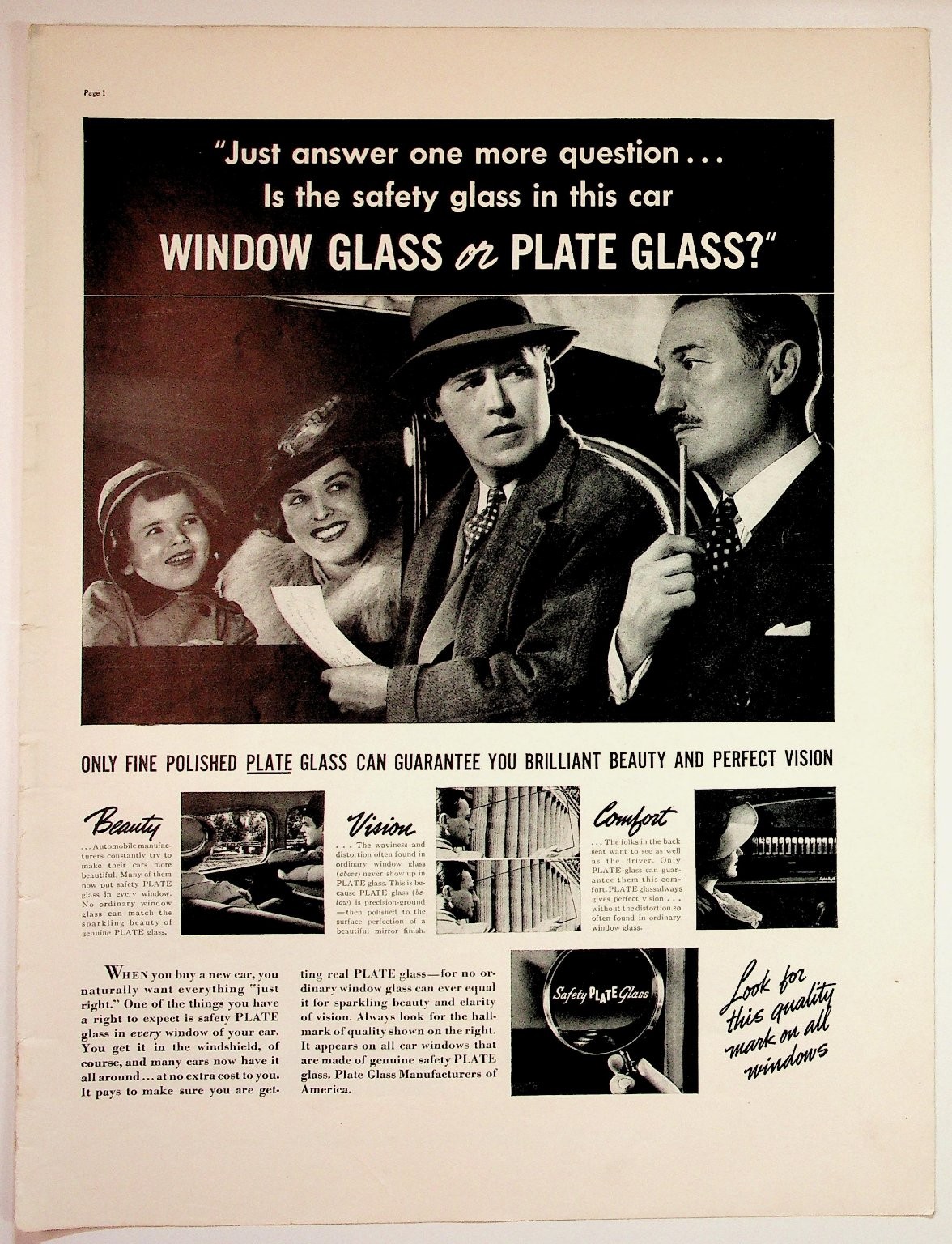 Vintage 1930s Car Safety Glass Magazine Ad Plate Glass Manufacturers America