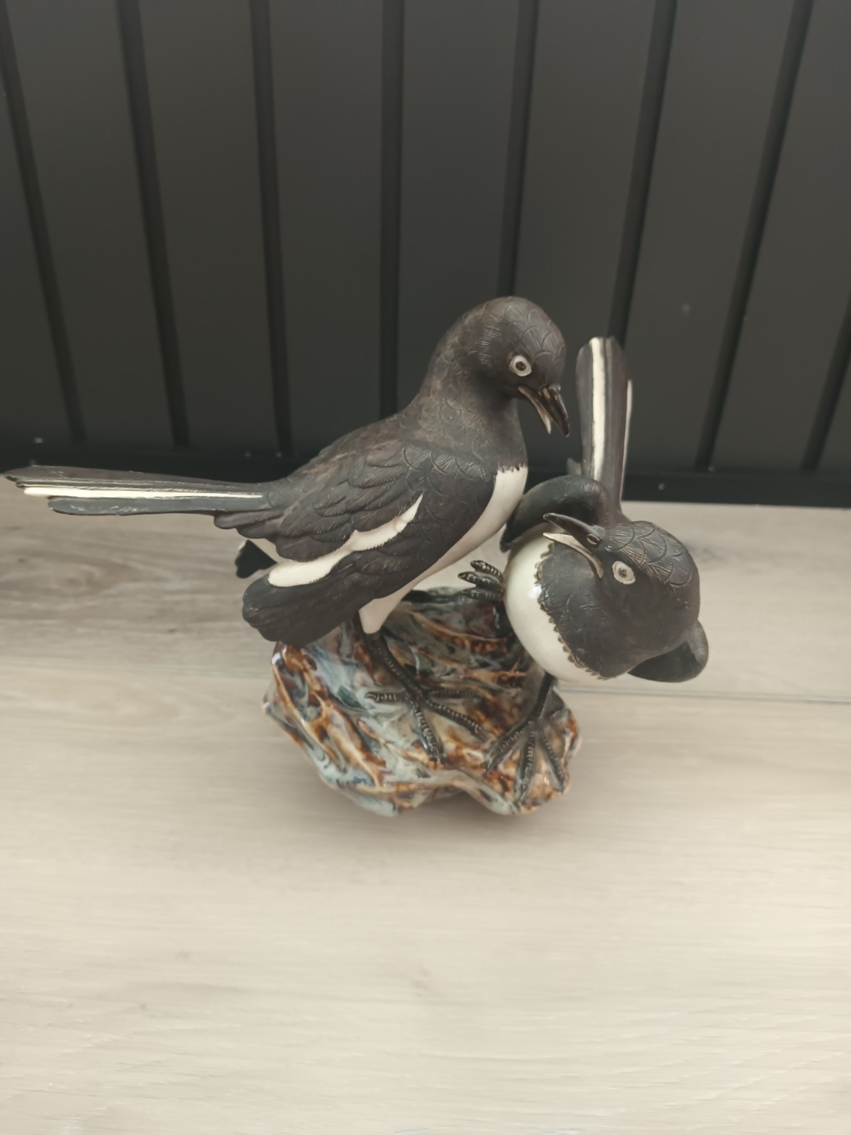 Vintage 1970's Chinese Shiwan Porcelain Magpie Birds on Rock Figurine