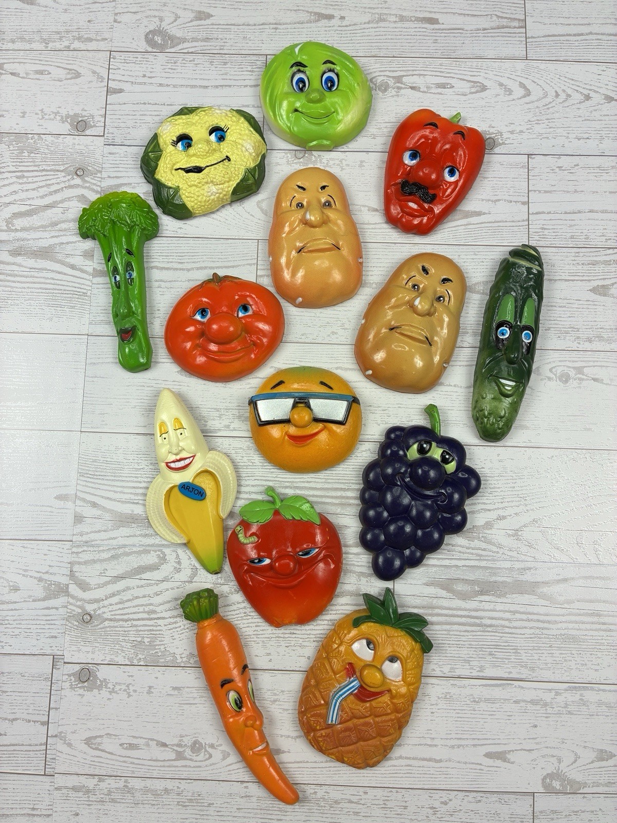 Arjon VTG Lot of 14 Anthropomorphic Kitschy Fruit Vegetable Refrigerator Magnets
