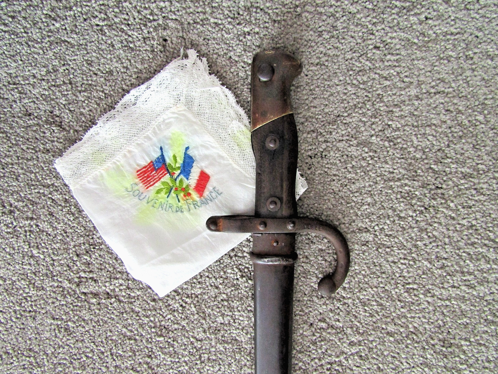 Antique 1870's French Bayonet and WW I Silk Antique 1870's French Bayonet and WW I Silk