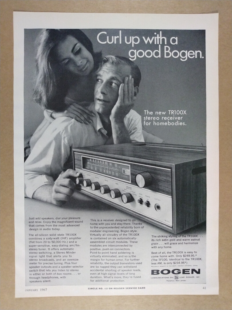1967 Bogen TR100X Stereo Receiver vintage print Ad 1967 Bogen TR100X Stereo Receiver vintage print Ad
