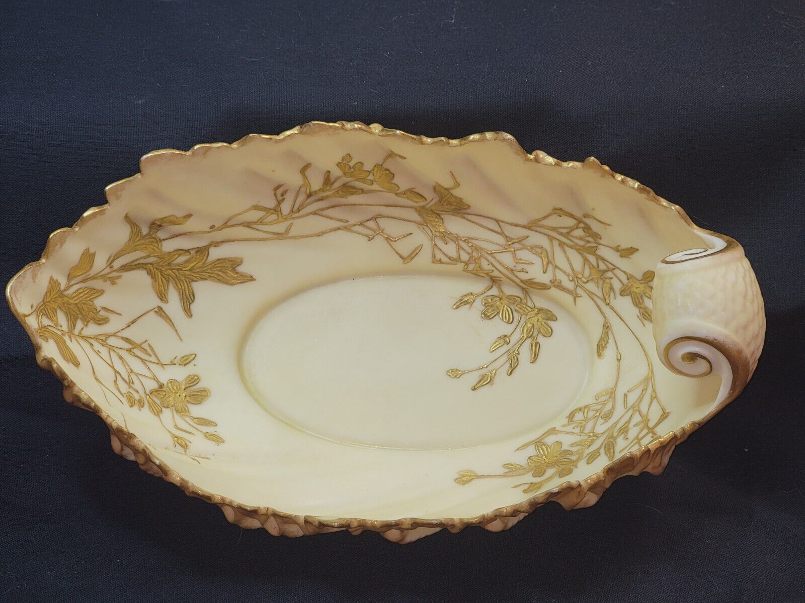Antique CAC Belleek Acanthus Leaf Candy Dish -  Vanilla Colored w/ Gold Accents
