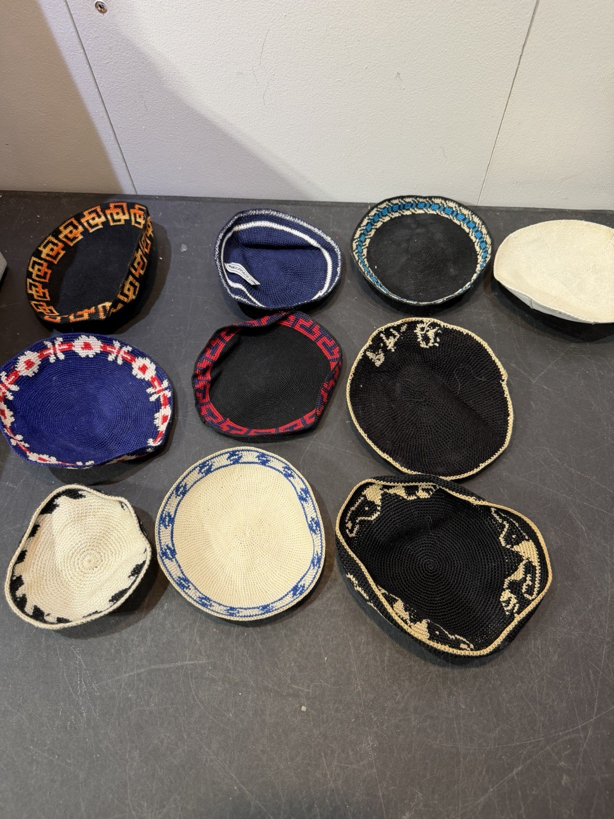 10 Vintage Crocheted Knit Yarmulke Kippah Collection (1) White Leather Judaica