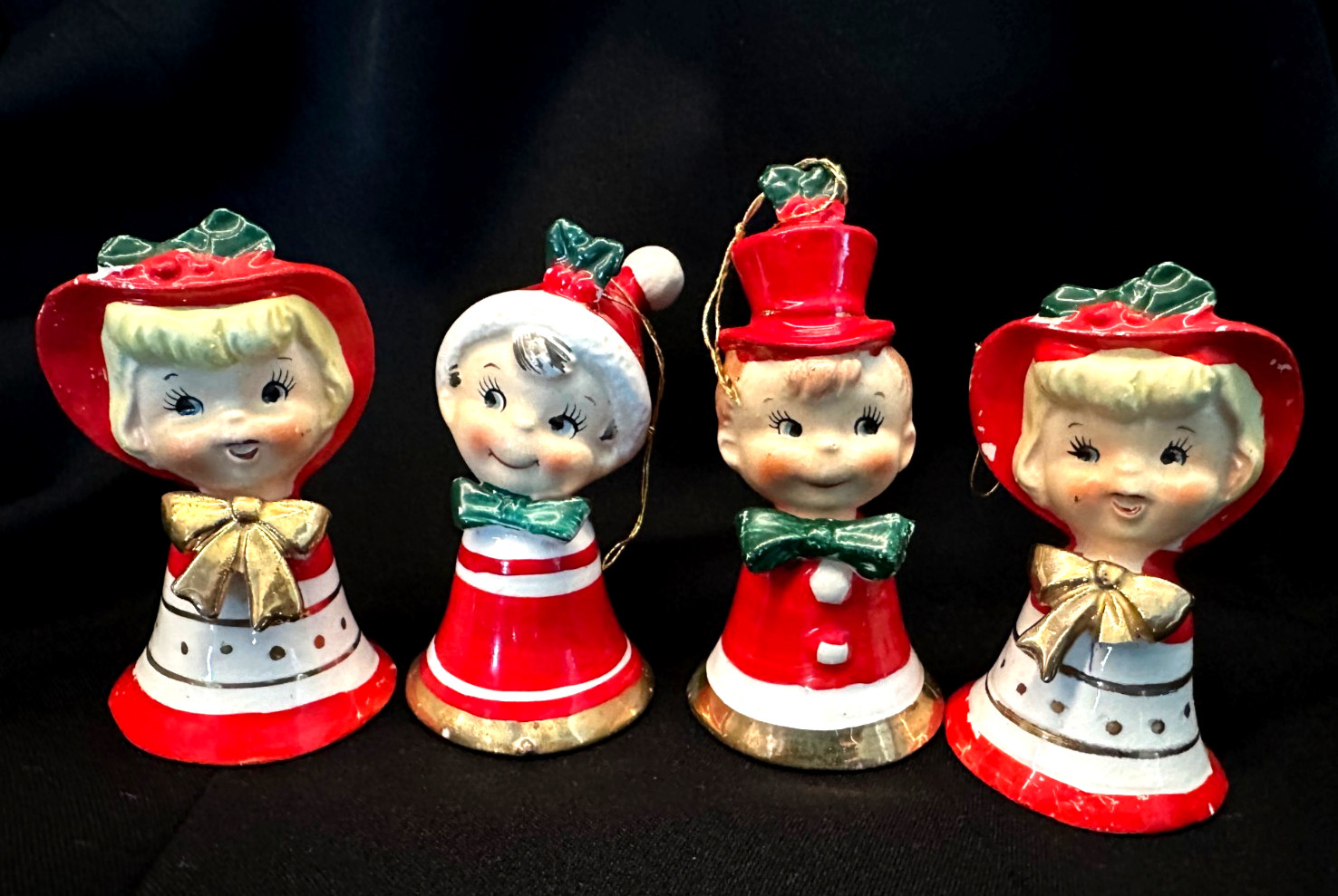 1950's Set 4 Vintage Lefton Christmas Ceramic Elf Boys And Girls Bells Figurines